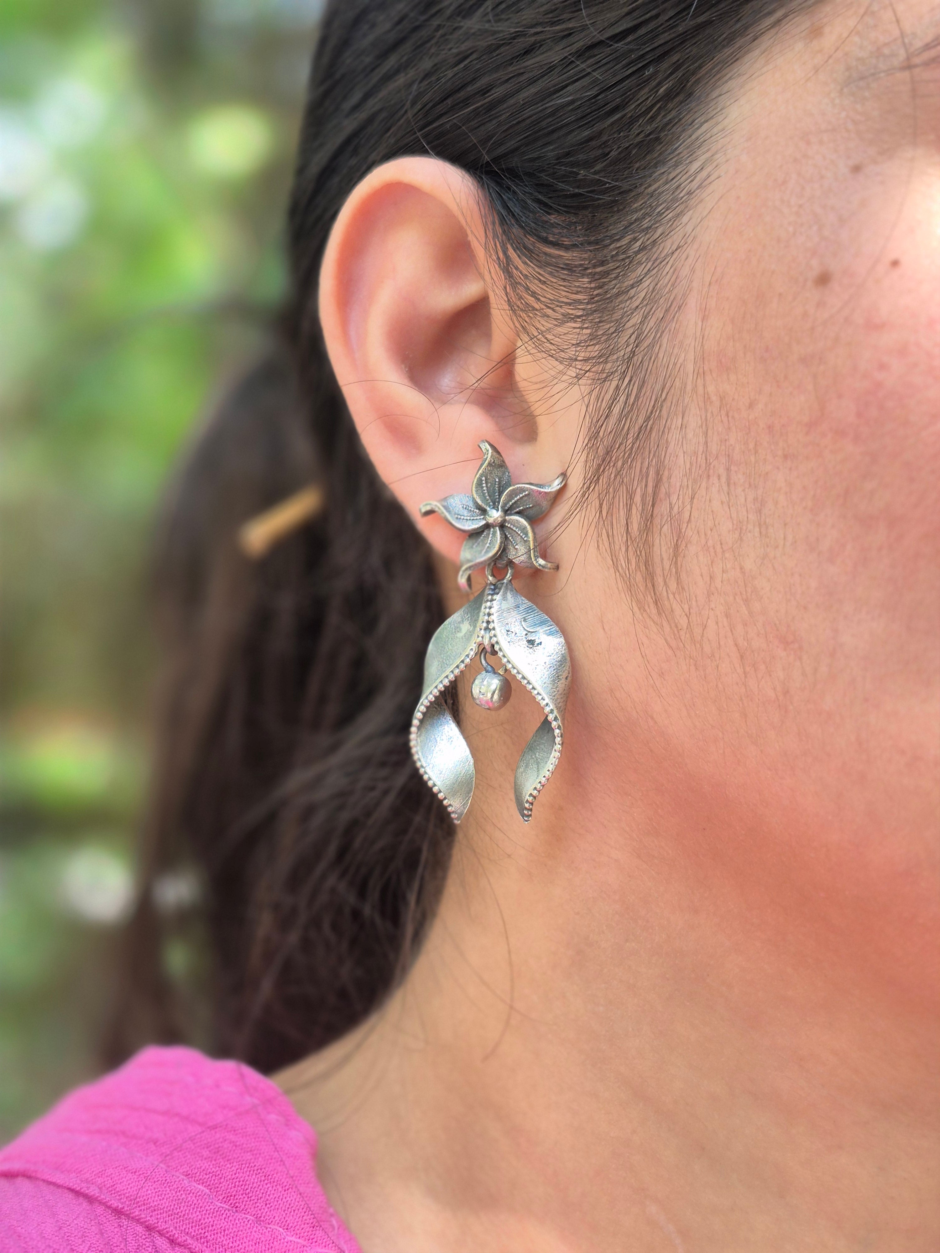 Floral Cascade Oxidized Silver Earrings