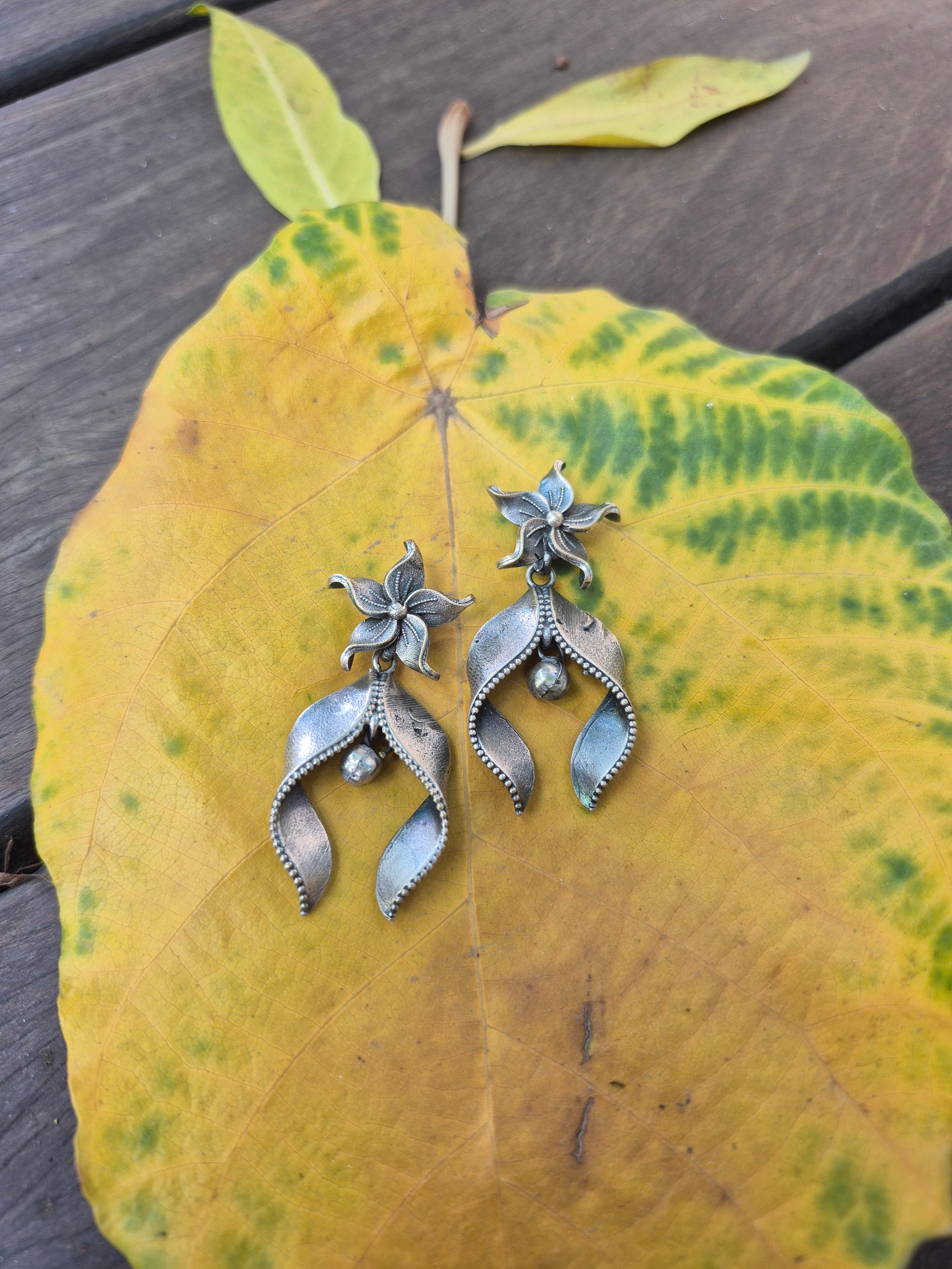 Floral Cascade Oxidized Silver Earrings